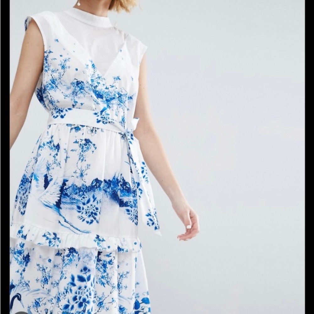 ASOS midi tea dress in China blue print with cotton panel - Picture 2 of 3